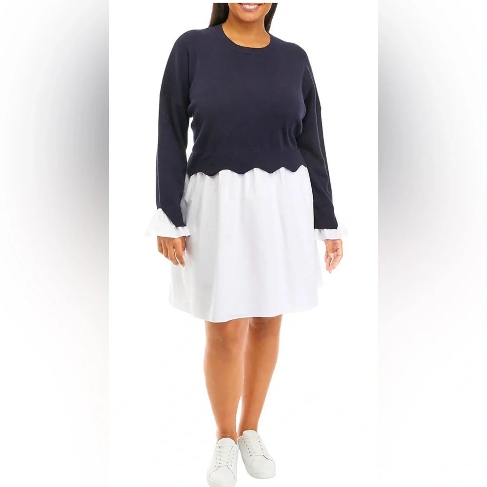 English Factory Scalloped Knit Poplin Combo Dress - Size Large - Picture 1 of 7